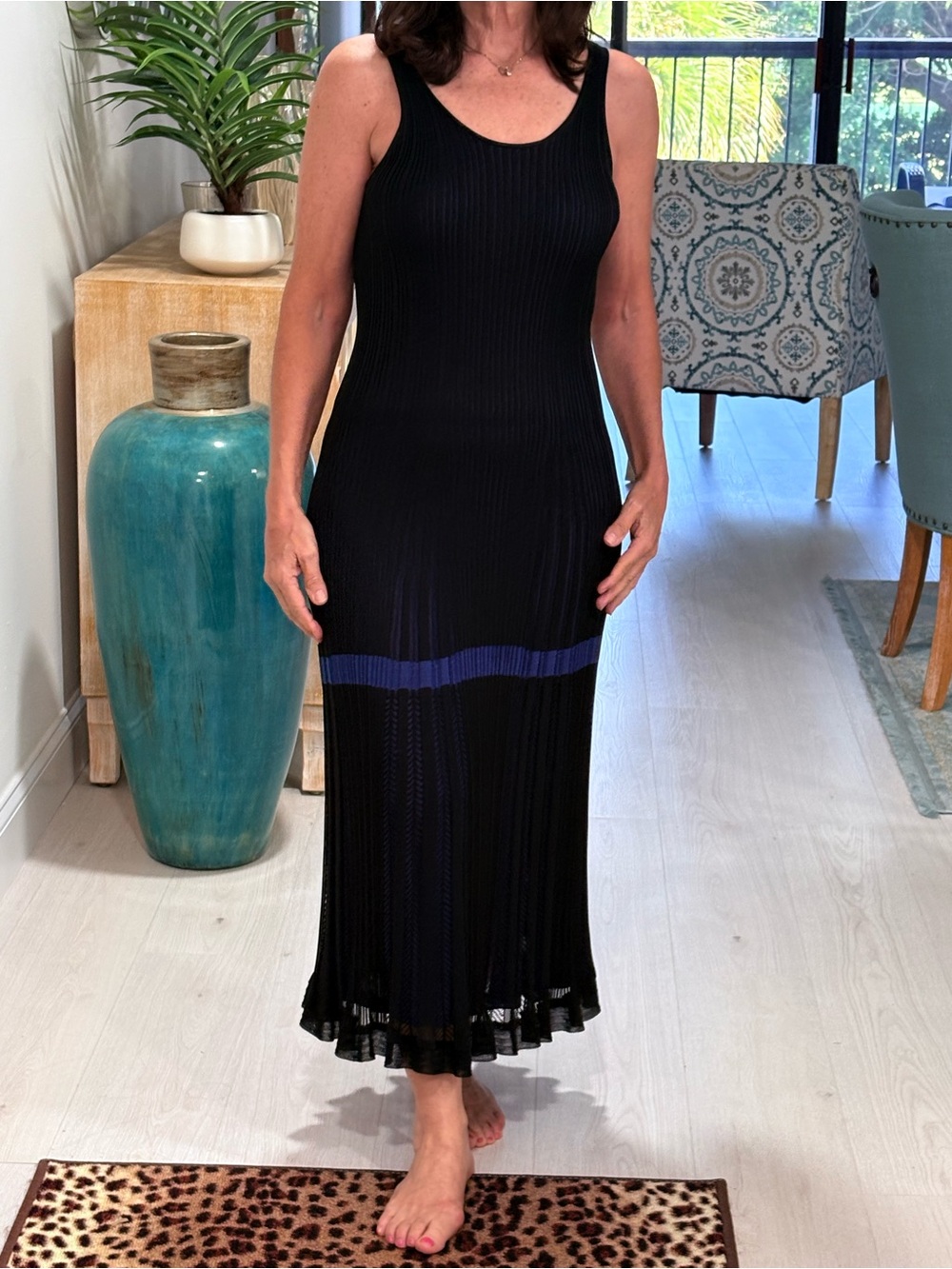 Giorgio Armani Black Ribbed Maxi Dress with Blue Inner Panel